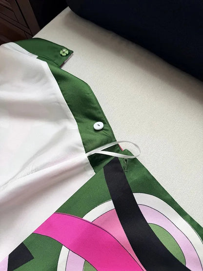 Summer Fashion Party Geometric Print High Quality Real Silk A-Line Mini Skirt Women's Buckle Strap Middle Waist Slim Short Skirt