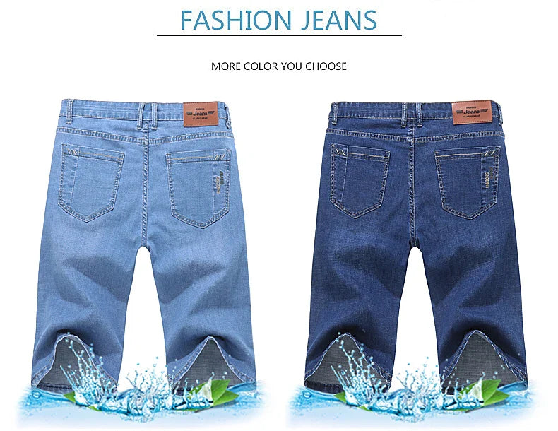 Summer Men Denim Shorts New Style Thin Embroidery Business Casual Straight  Short Jeans Male Brand Clothing Black Blue