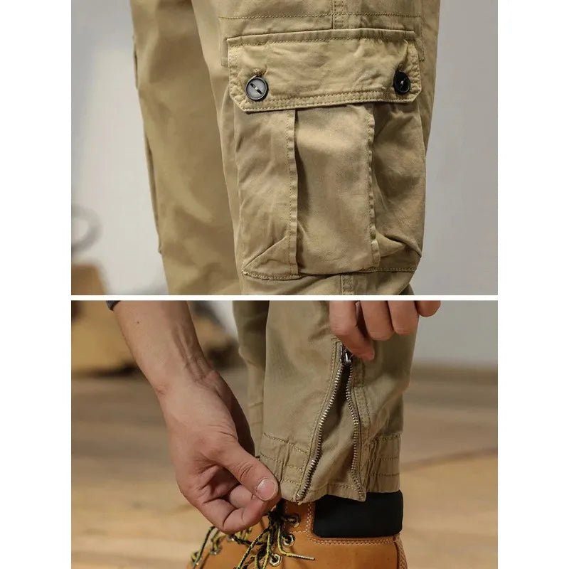2025 New Multi-Pockets Spring Summer Cargo Pants Men Streetwear Zipper Leg Skinny Work Joggers Cotton Casual Tactical Trousers