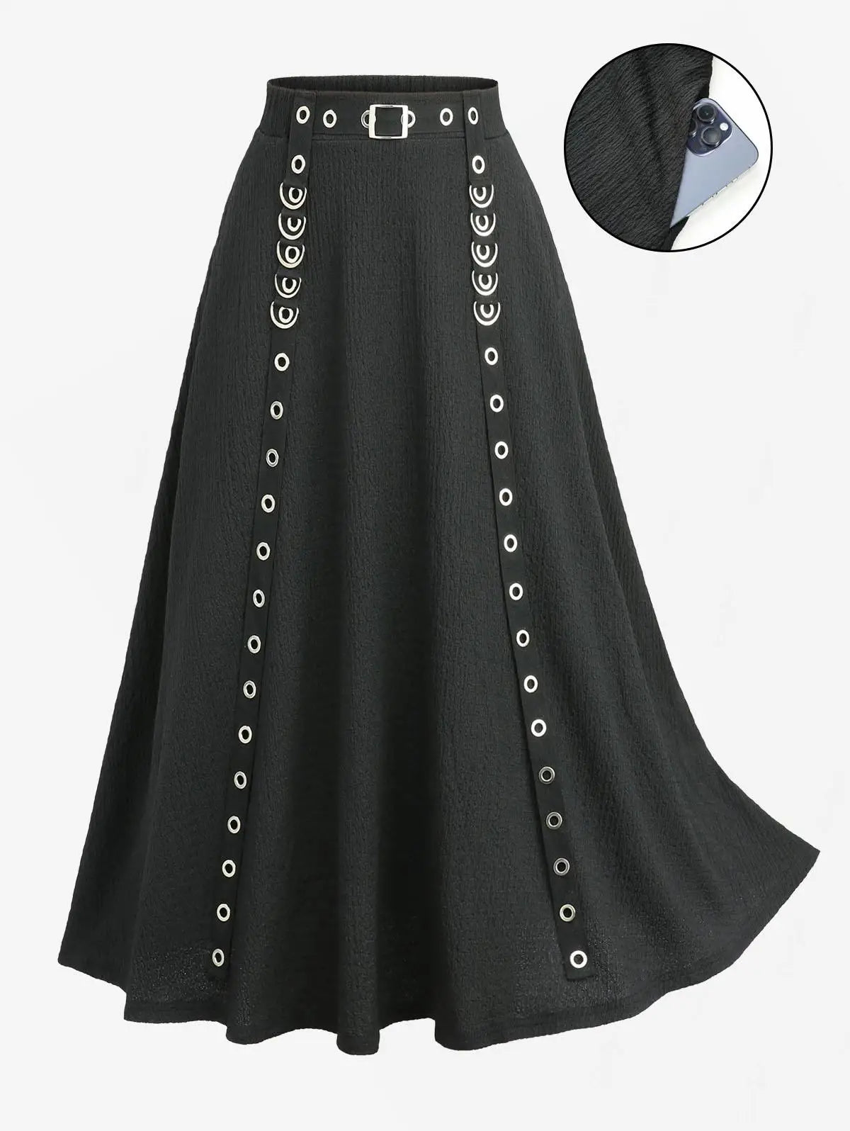 Plus Size Women Casual Skirts Black Elastic Wais Textured Strap Buckle Grommet A Line Skirt With Pocket