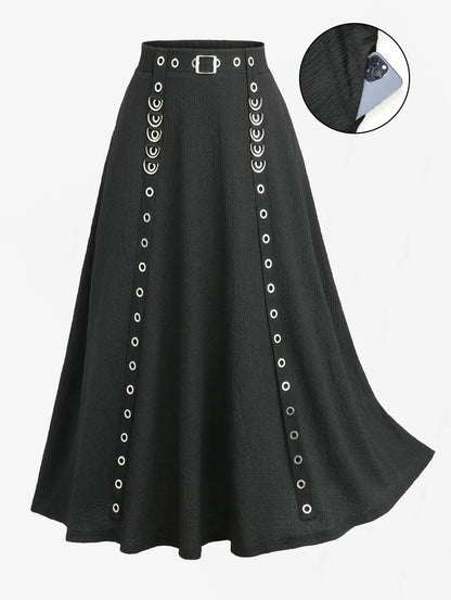 Plus Size Women Casual Skirts Black Elastic Wais Textured Strap Buckle Grommet A Line Skirt With Pocket