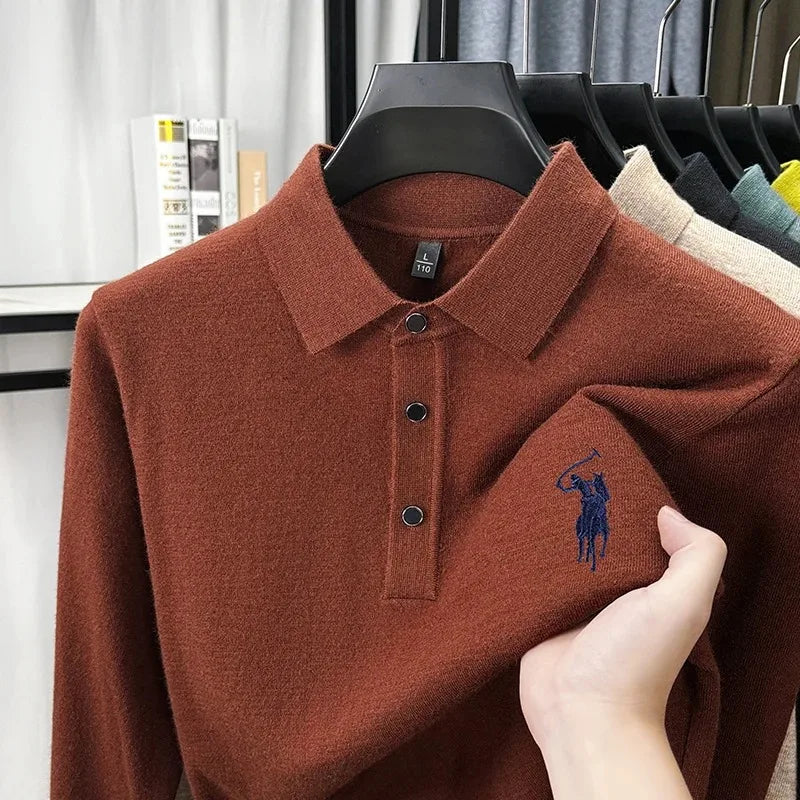 High quality luxury knitted long sleeve T-shirt men's autumn new designer brand Pony embroidery fashion Paul classic polo shirt
