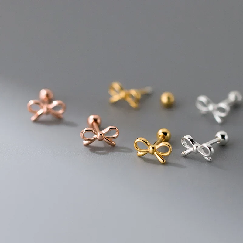 925 Sterling Silver Romantic Bow Screw Bead Piercing Stud Earrings for Women Fashion Simple Cute Girls Party Jewelry Gift