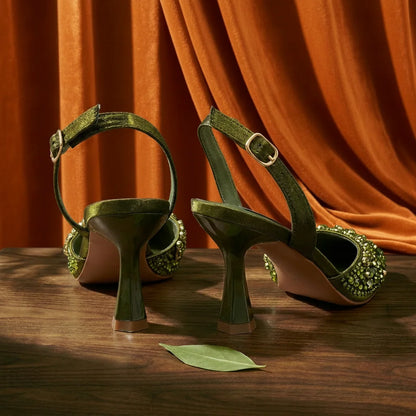 Italian Inspired Gold Rhinestone HAND CRAFTED UPPER Pointed Toe Women High Heels Shoes and Bag Set Elegant Party Shoes