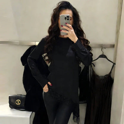 Lace Asymmetric Black Shirts Woman Blouses Spring Autumn 2026 Minimalist Women's O-Neck Long Sleeve Top Korean Style Blouse