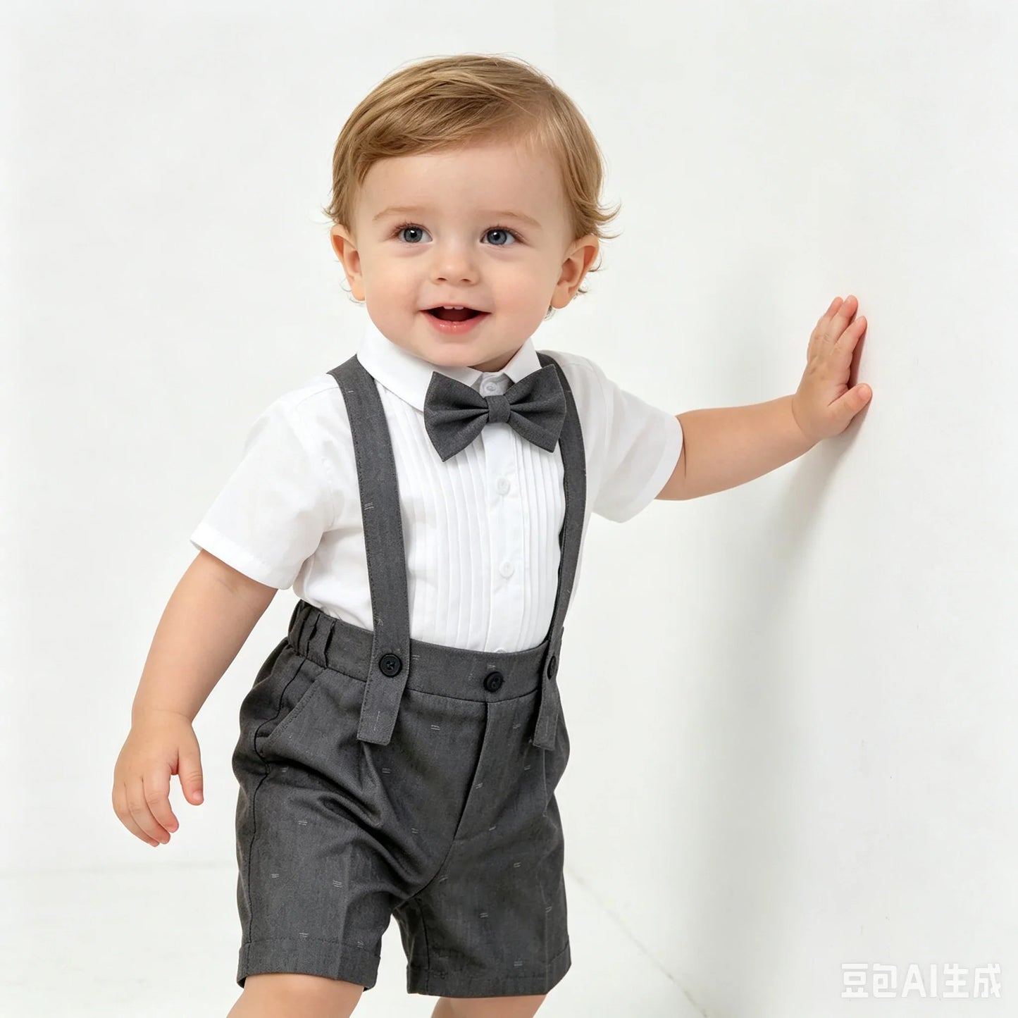 Kids Boys Formal Suit Set Denim Gray Vest Shorts Bowtie 3PCS Wedding Birthday Party Gentleman Outfit for Toddler 1-8Yrs Clothes