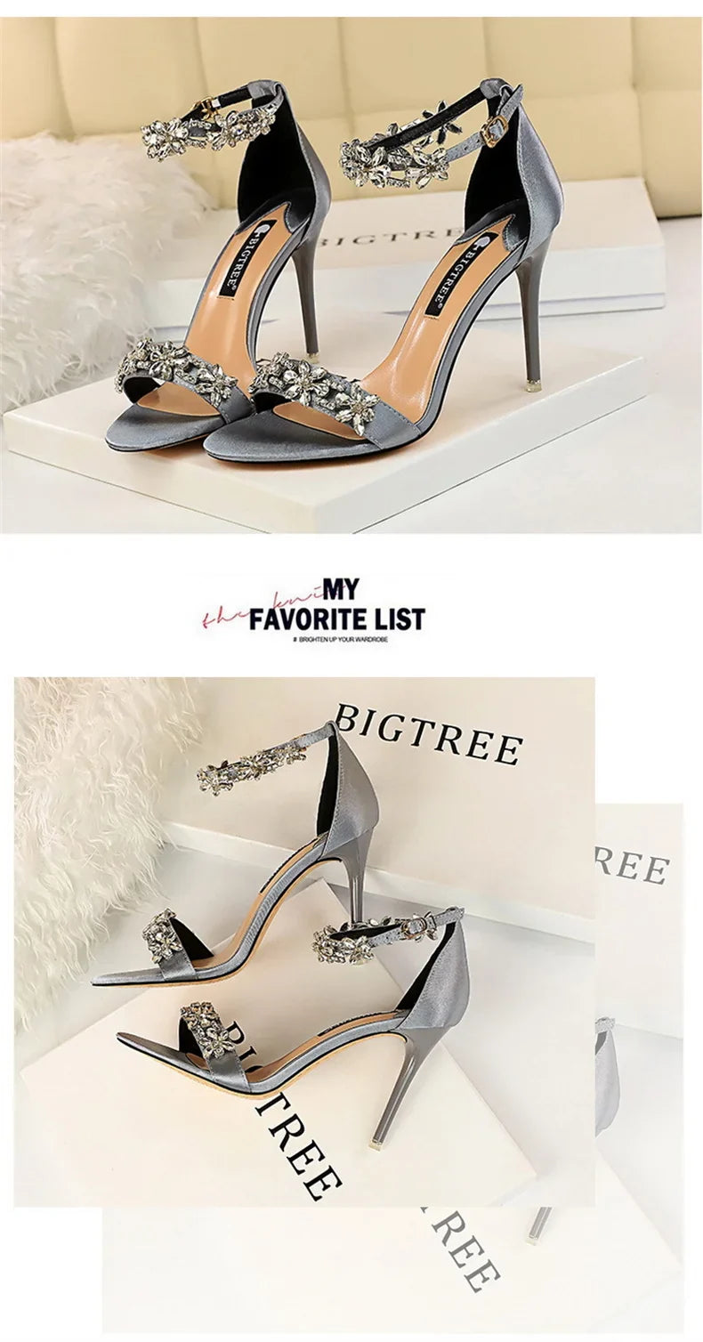 Open Toe Rhinestones Sandals Women 2024 New Designer Luxury High Heels Female Shoes Summer Heeled Satin One Word Belt 368-1