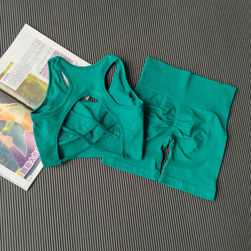 High Waist Butt Lifting Fitness Suit Gathering Beautiful Back Yoga Suit Bras Quick-drying Running Peach Buttock Training 2PCS