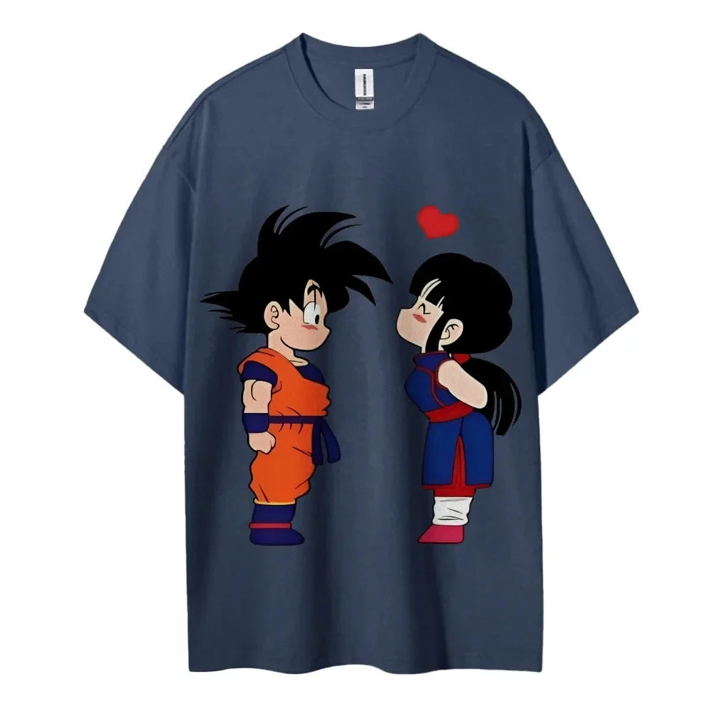 Cute Couple Print Oversized Crew Neck T-Shirt 100% Cotton Casual Tops for Men Women Kids