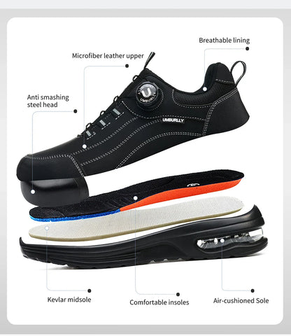 Men's Safety Work Boots Steel Toe Puncture Resistant Kevlar Midsole Air Cushion Black Button Style Industrial Construction Shoes