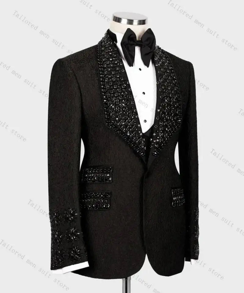 Jacquard Crystals Men Suit Set 2 Pieces Blazer+Pant Formal Office Male Jacket Prom Cotton Coat Trousers Groom Wedding Tuxedos