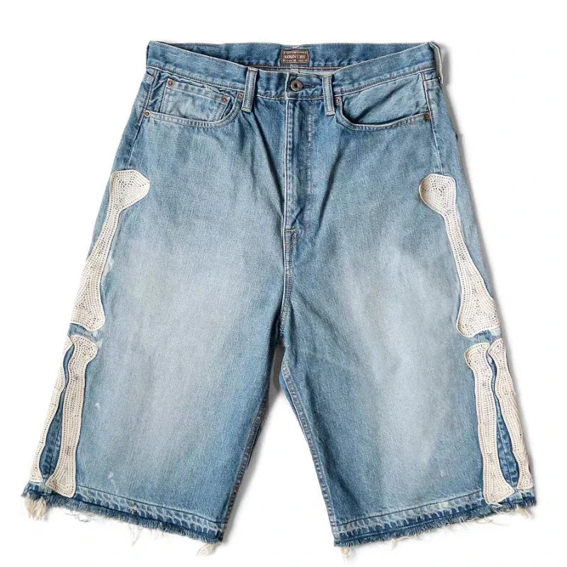 Y2k Vintage Harajuku Denim Shorts Women Washed Letter Embroidery Tassels American Retro Jeans Man Baggy Hip Hop Jorts