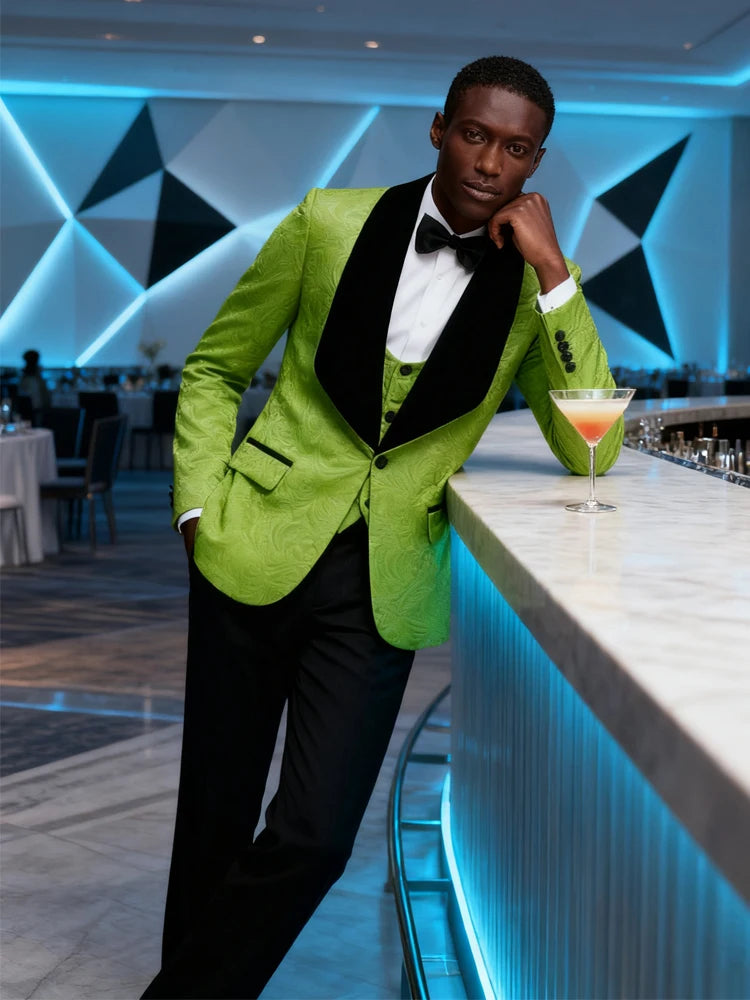 Mens 3 Piece Floral Tuxedo, Jacquard Slim Suit Set, Paisley Blazer Vest and Pants for Prom Wedding