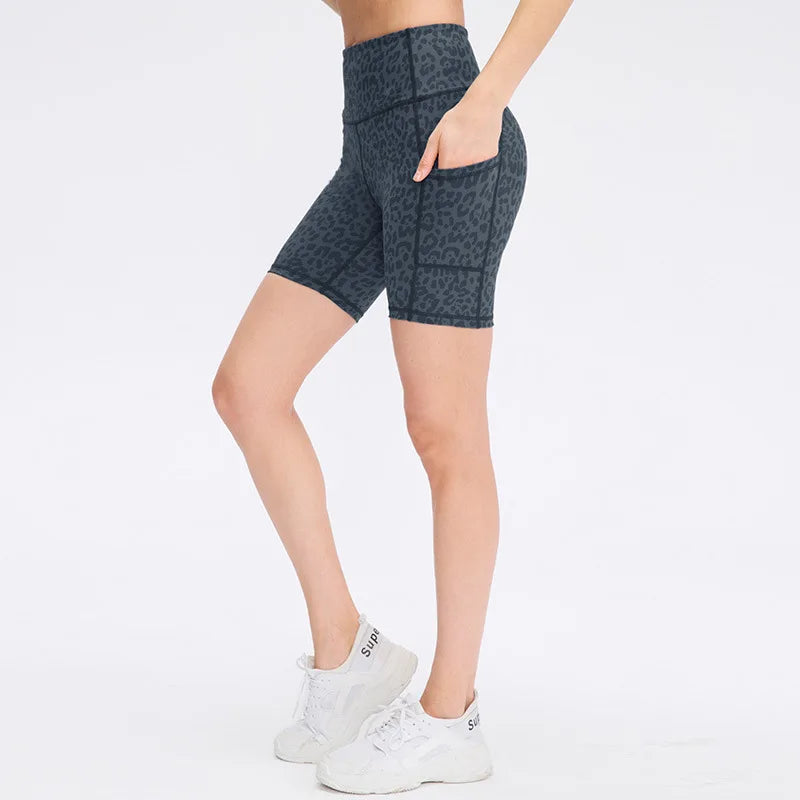 Women's printed nude yoga shorts with pockets skin-friendly tight stretch quick-drying sports fitness hiking running shorts
