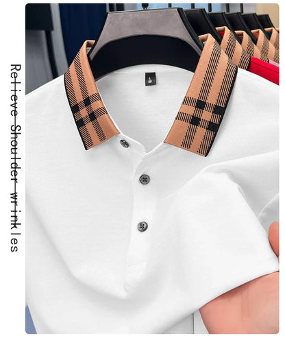 Fashion brand plaid lapel short sleeve polo shirt men summer new style simple solid color high-end business casual golf T-shirt