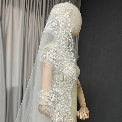 Customized Mantilla Veil with Wide Eyelash Lace, Ivory Chantilly Lace Wedding Veil with Hidden Comb, 2.5m/3m/3.5m/4m Long Veil
