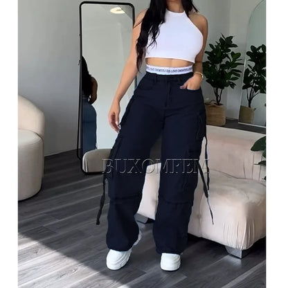 Women's Multi-Pocket Jeans, Retro Splicing, Drawstring, Cool Girl Trousers