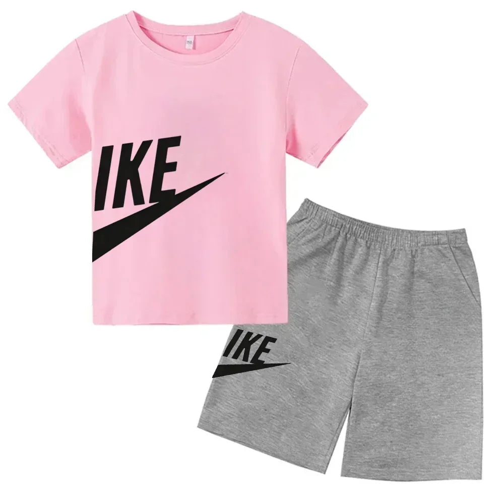 Fashion Sport 2Pcs Outfit, Printed Short Sleeve Tee and Shorts, Comfortable Summer Tracksuit for Boys Girls