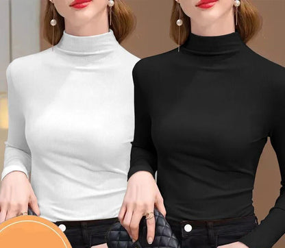 Women's Elastic Half High Collar T-Shirt Solid Ribbed Tops Long Sleeve Tight Bottom Basic Shirt Casual Clothing Autumn