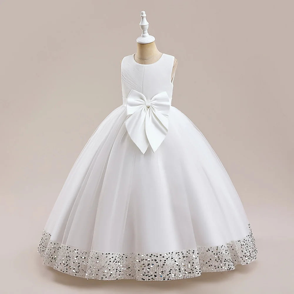 Teen Girls Luxury Big Bow Evening Gown Wedding Bridesmaid Party Dress For Girl Kids Sequin Princess Birthday Dresses Summer Wear