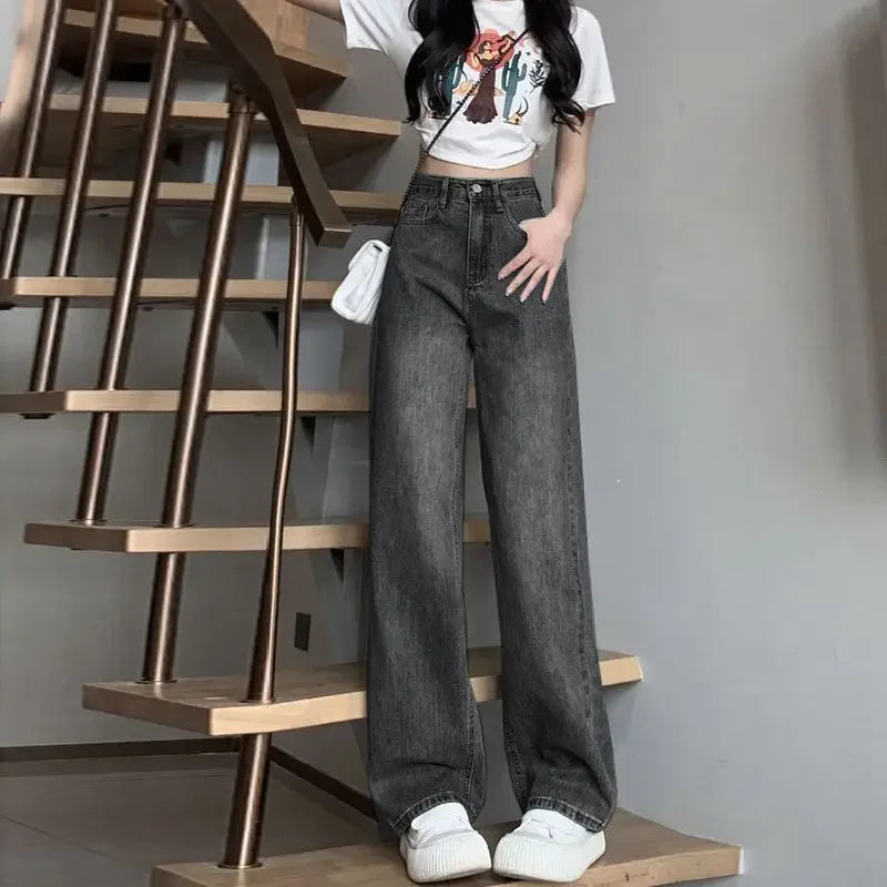 American Style Black Grey Wide-Leg Jeans For Women