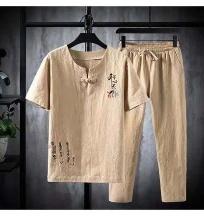 (Shirt + trousers)2025 summer Chinese Style men shirt Cotton and linen shirts men's High quality casual shirts Two Piece M-5XL