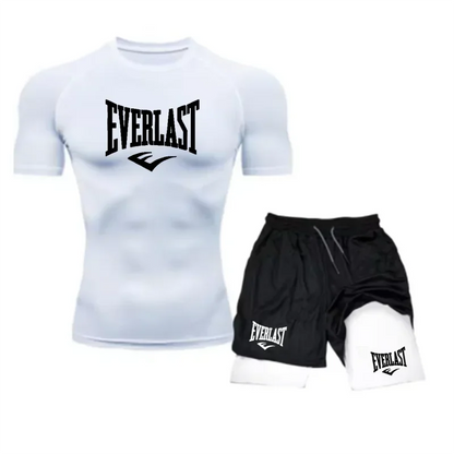 Men's Compress Shirt + 2-in-1 sports shorts 2pcs Set Leisure Breath Short Sleeve Sport Jogging Gym Brand Print Clothing