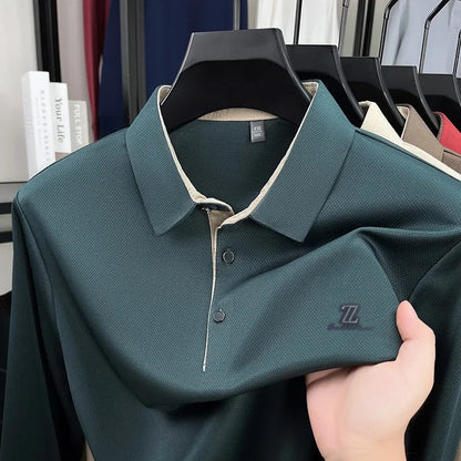 Men's High End Brand Print Solid Color Lapel Polo Shirt Autumn New Skin Friendly Long Sleeved T-shirt Fashion Versatile Menswear
