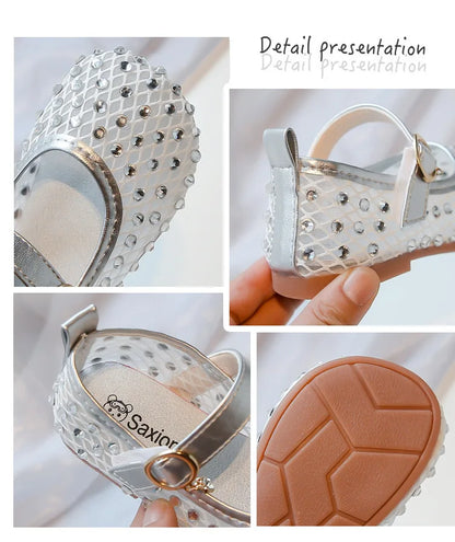 2026Summer Girl's Sandals Crystal Air Mesh Biege Sliver Luxury Kids Flat Shoes Beautiful Party Graceful Anti-skid Childern Shoes