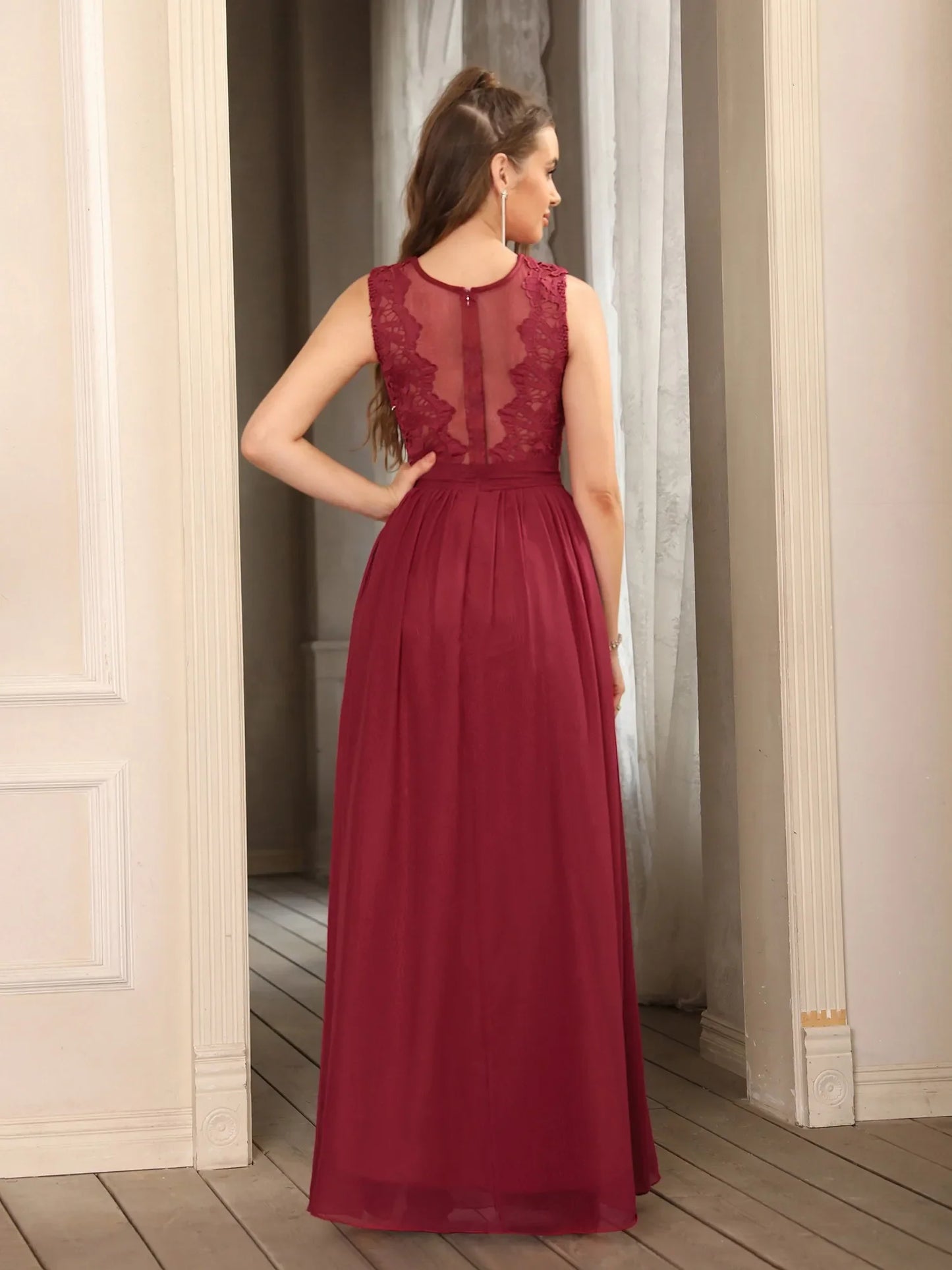 Hot Sale Lace A Line Prom Dress 2024 New Style Evening Dress Chiffon Back Illusion Bridsmaid Dress Pleat vestidos de fiesta