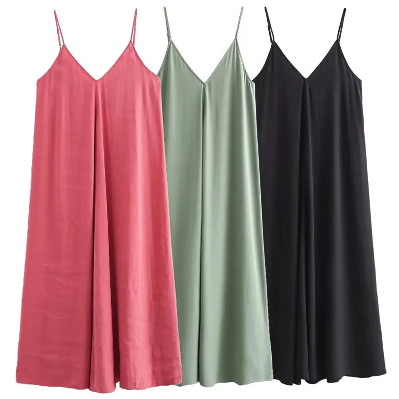 Women's Slip Dress Summer Green Red Black Dress Casual V-Neck Backless Long Dresses Sleeveless Vestidos Resort Dresses
