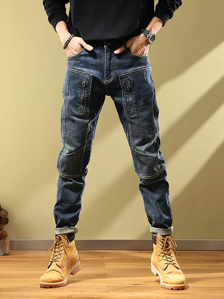 Man Cowboy Pants with Pockets Men's Jeans Motorcycle Tapered Trousers Straight Retro Trend 2025 Classic Stylish Goth Denim Buggy