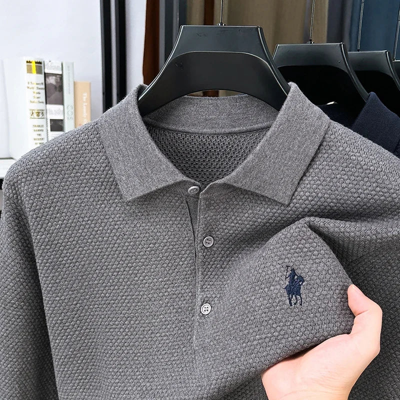 High-end Quality Men's Casual Outdoor Pineapple Pattern Knitted Long-sleeve Polo Shirt (eco-cotton, No Shrinkage No Deformation)