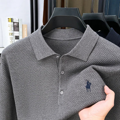 High-end Quality Men's Casual Outdoor Pineapple Pattern Knitted Long-sleeve Polo Shirt (eco-cotton, No Shrinkage No Deformation)