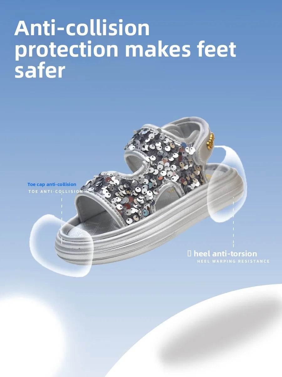 Summer Children's Sandals Sequins Thick Soled Girls Causal Princess Open-toe Sandals Fashion Non-slip Kids Beach Shoes Versatile