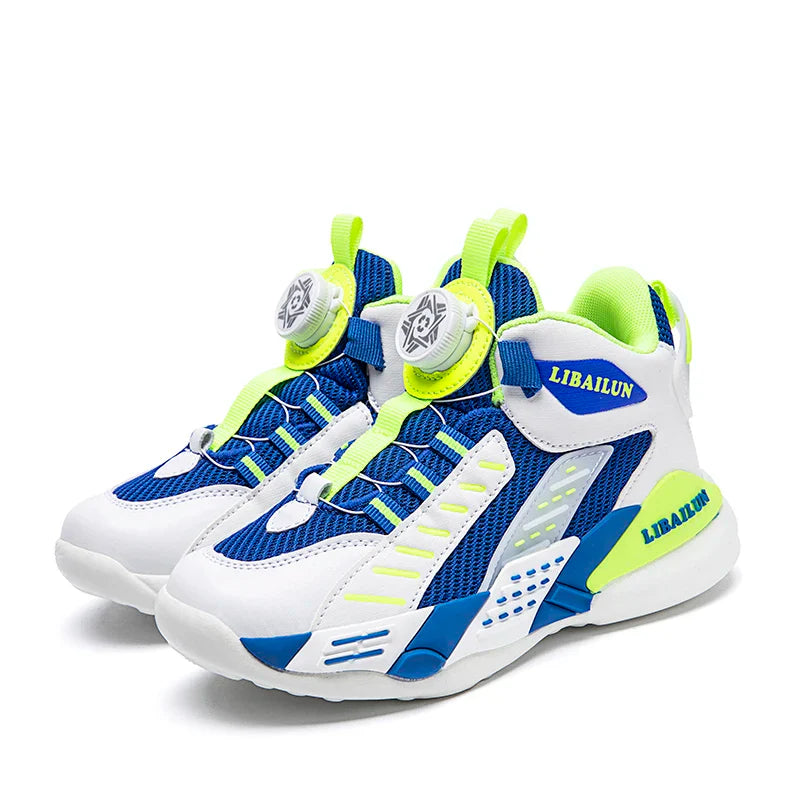 Kids Sneakers Basketball Shoes Boys Spring Fashion Rotating Button Anti-slip Shock Absorption School Students Sports Shoes