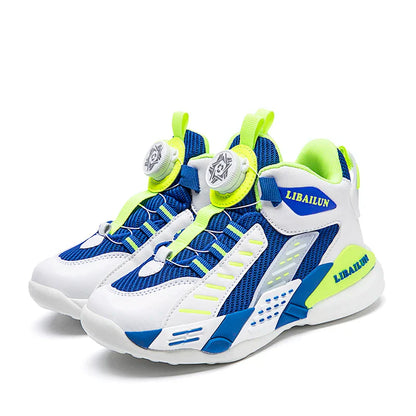Kids Sneakers Basketball Shoes Boys Spring Fashion Rotating Button Anti-slip Shock Absorption School Students Sports Shoes