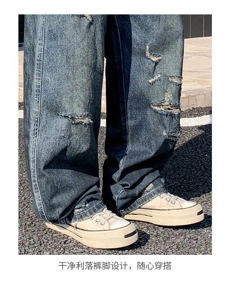 American-style distressed wide-leg jeans, loose-fitting washed and distressed straight-leg jeans, trendy brand.