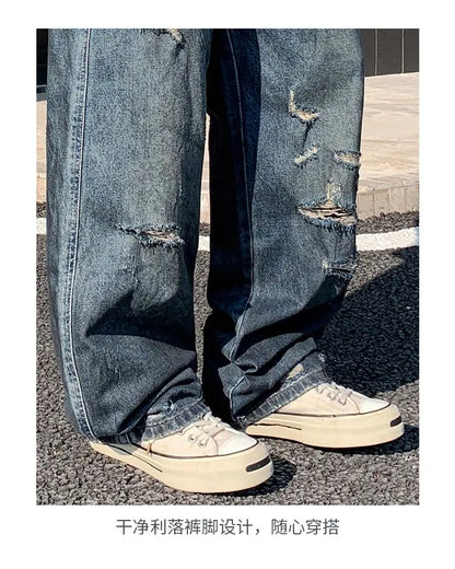American-style distressed wide-leg jeans, loose-fitting washed and distressed straight-leg jeans, trendy brand.
