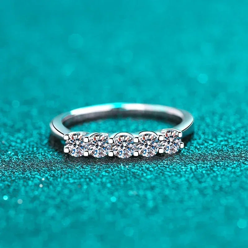 Full 3mm Moissanite Ring for Women S925 Sterling Silver Rings with White Gold Plated 5 Stone Lab Diamond Wedding Band