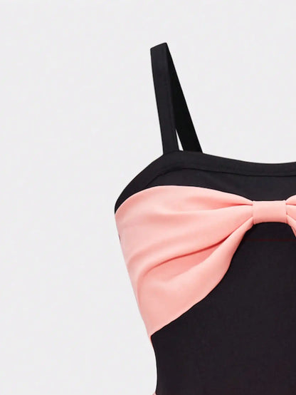 Girls' fashionable and elegant camisole dress for summer, girls' outdoor casual contrasting butterfly bow curved skirt dress