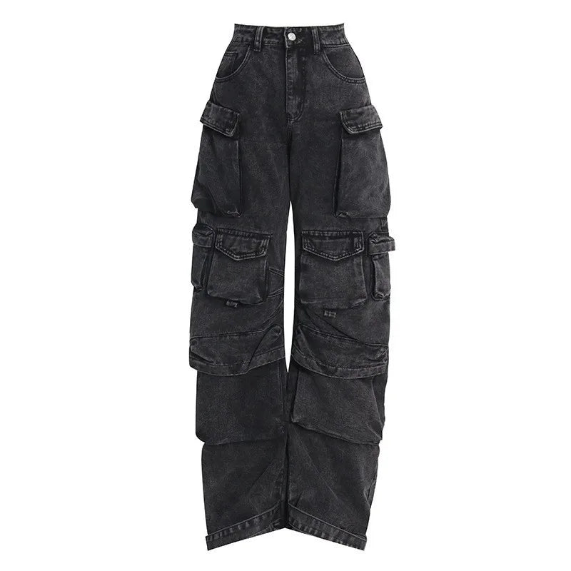 Jeans Feminino Moderno para Trabalho | Jeans Preto e Cinza de Rua com Vários Bolsos | Design Funcional Americano de Cintura Alta
