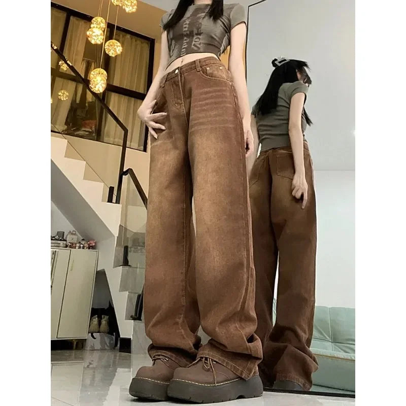 Calça Jeans Marrom Retrô Feminina de Cintura Alta Reta Solta com Perna Larga, Versão Coreana, Modelo Niche, Nova Coleção Inverno