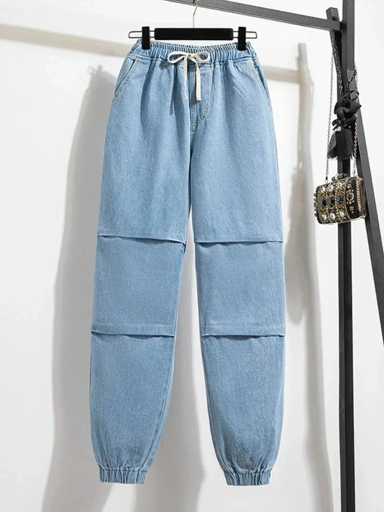 2025 Summer Women Plus Size Jeans Drawstring Elastic Waisted Harun Jeans Vintage Washed Cotton Oversized Trousers Y2k Pants