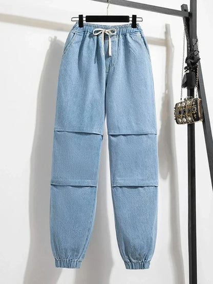 2025 Summer Women Plus Size Jeans Drawstring Elastic Waisted Harun Jeans Vintage Washed Cotton Oversized Trousers Y2k Pants