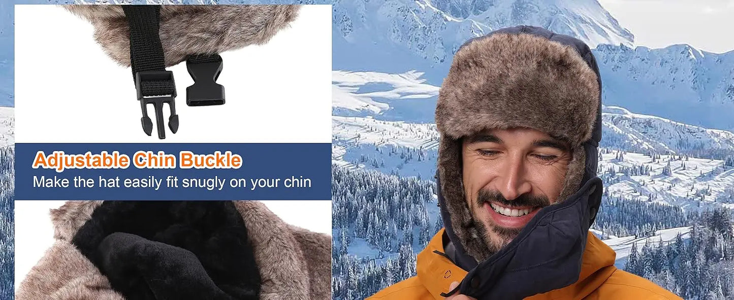 Men's Warm Chunky Trapper Hat Removable Windproof Winter Russian Hats with Mask Ushanka Hat