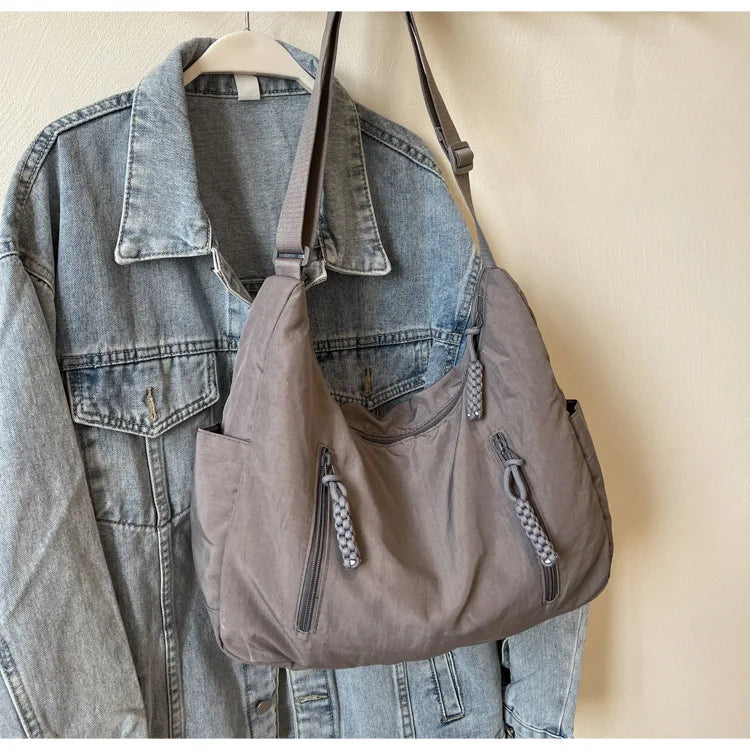 Summer Women Solid Color Shoulder Bag Fashion Lightweight Versatile Travel Crossbody Bag Commuter Nylon Large Capacity Hobo Bag