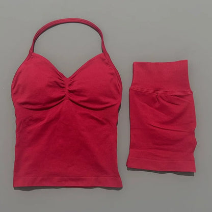 No Logo 2 Pies Sports Set Women Backless Tank Yoga Tops High Waist Scrunch Seamless Shorts Sport Gym Set Sportswear Workout Set