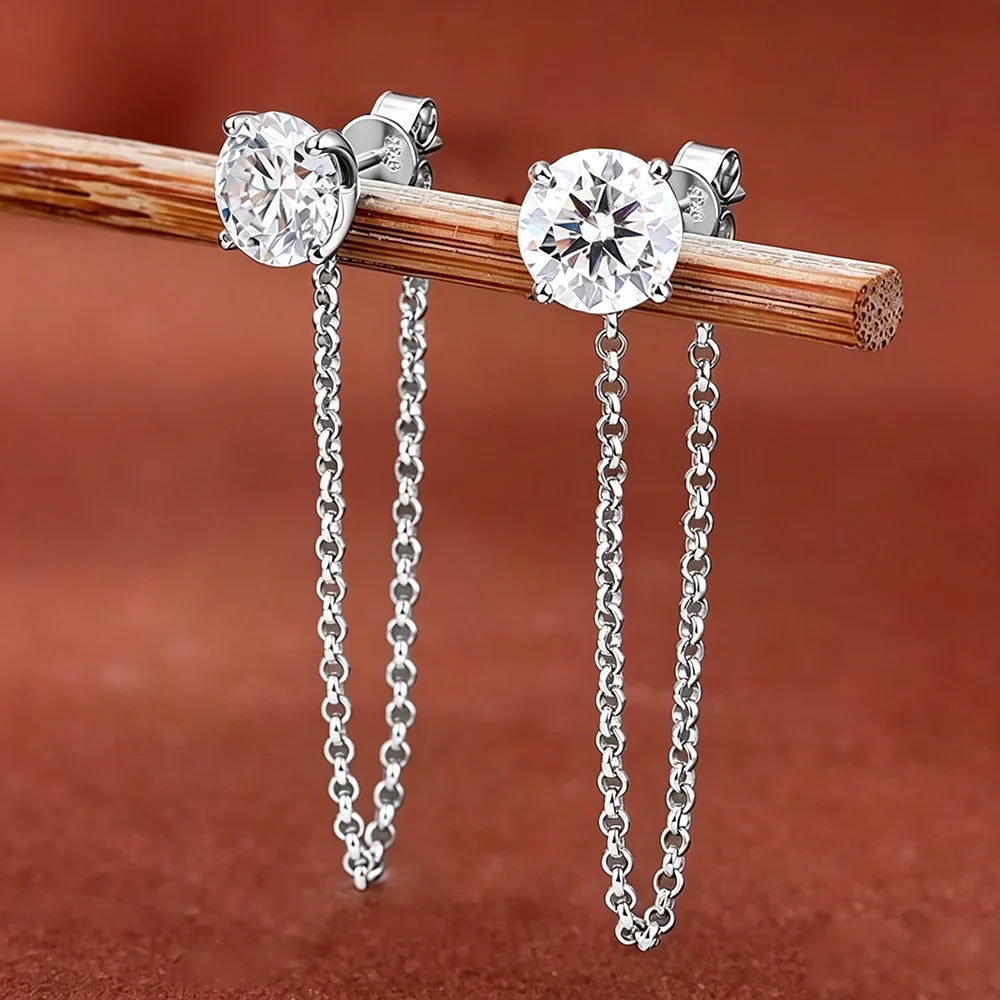 0.5-5carat Round brilliant Cut Moissanite Chain Earrings for Women Solitaire Lab Diamond Stud/Drop Earring 925 Silver with GRA