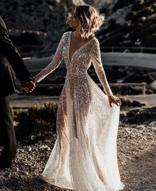 Stunning Beaded Sequined Long Sleeves V-neck Wedding Dresses Formal Party Grown Evening Dresses 2024 Rode De Morrie